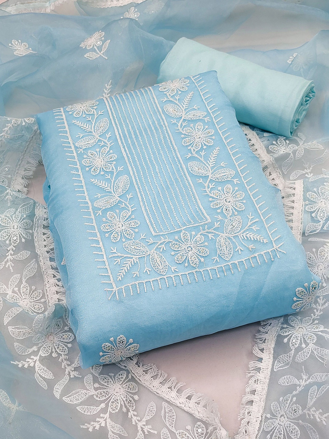 

Maroosh Floral Embroidered Organza Unstitched Dress Material, Turquoise blue