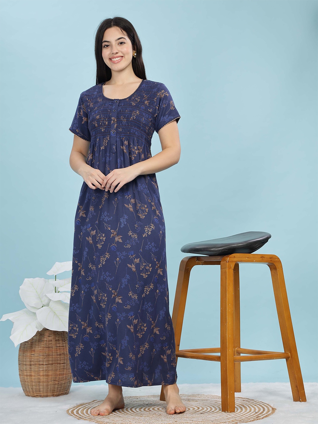 

9shines Label Women Round Neck Floral Printed Maxi Nightdress, Blue