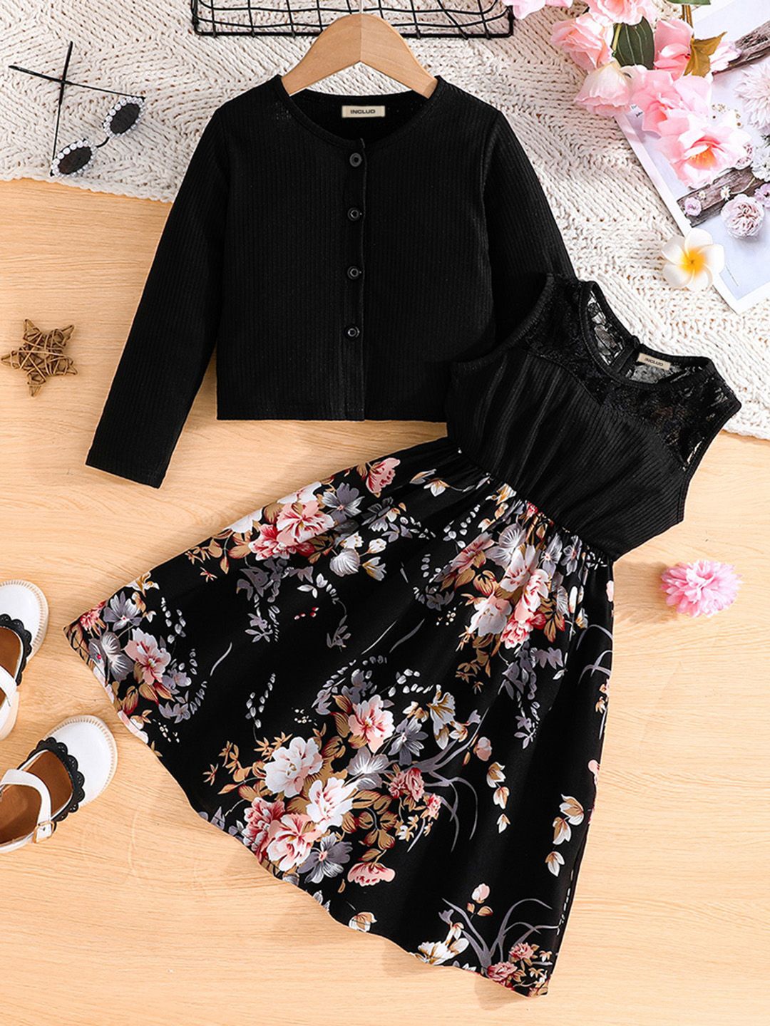

INCLUD Girls Floral Printed Fit & Flare Dress With Long Sleeve Jacket, Black