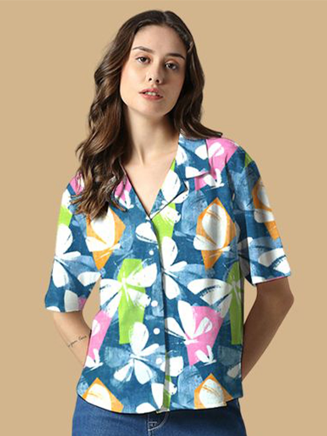 

Wear Your Opinion Women Relaxed Cuban Collar Floral Printed Casual Shirt, Blue