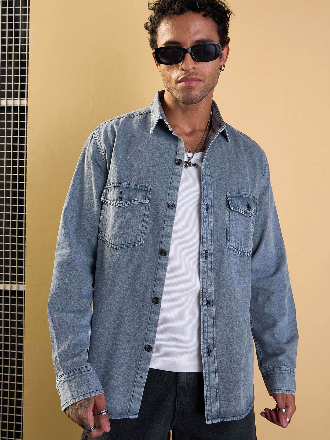 

MASCLN SASSAFRAS Men Spread Collar Solid Cotton Relaxed Fit Casual Shacket, Blue