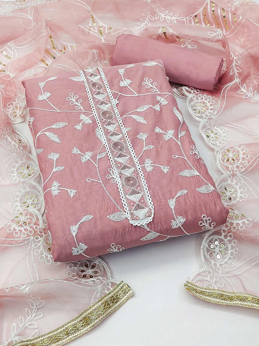 

Peachmode Floral Embroidered Sequinned Unstitched Dress Material, Pink