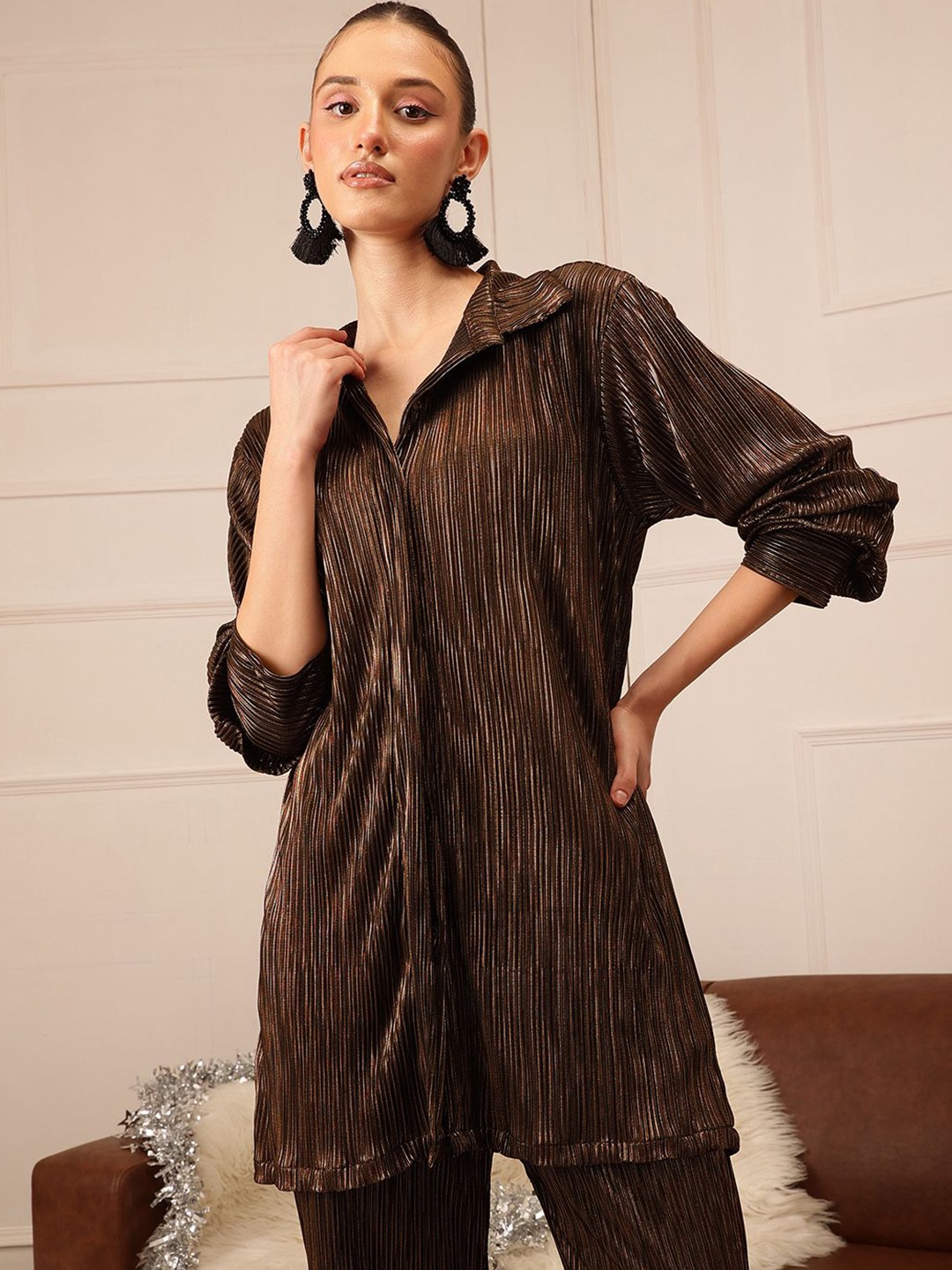 

ATRAENTA Women Spread Collar Vertical Striped Satin Party Shirt, Brown