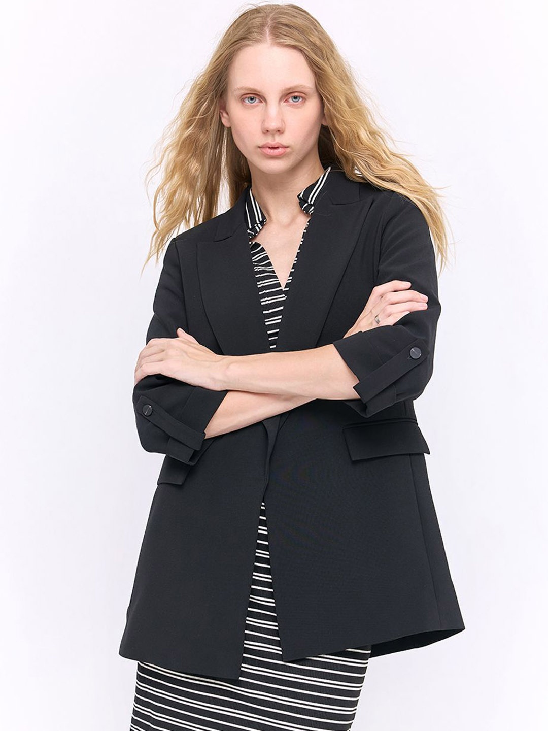 

COVER STORY Notched Lapel Collar Single-Breasted Casual Blazer, Black