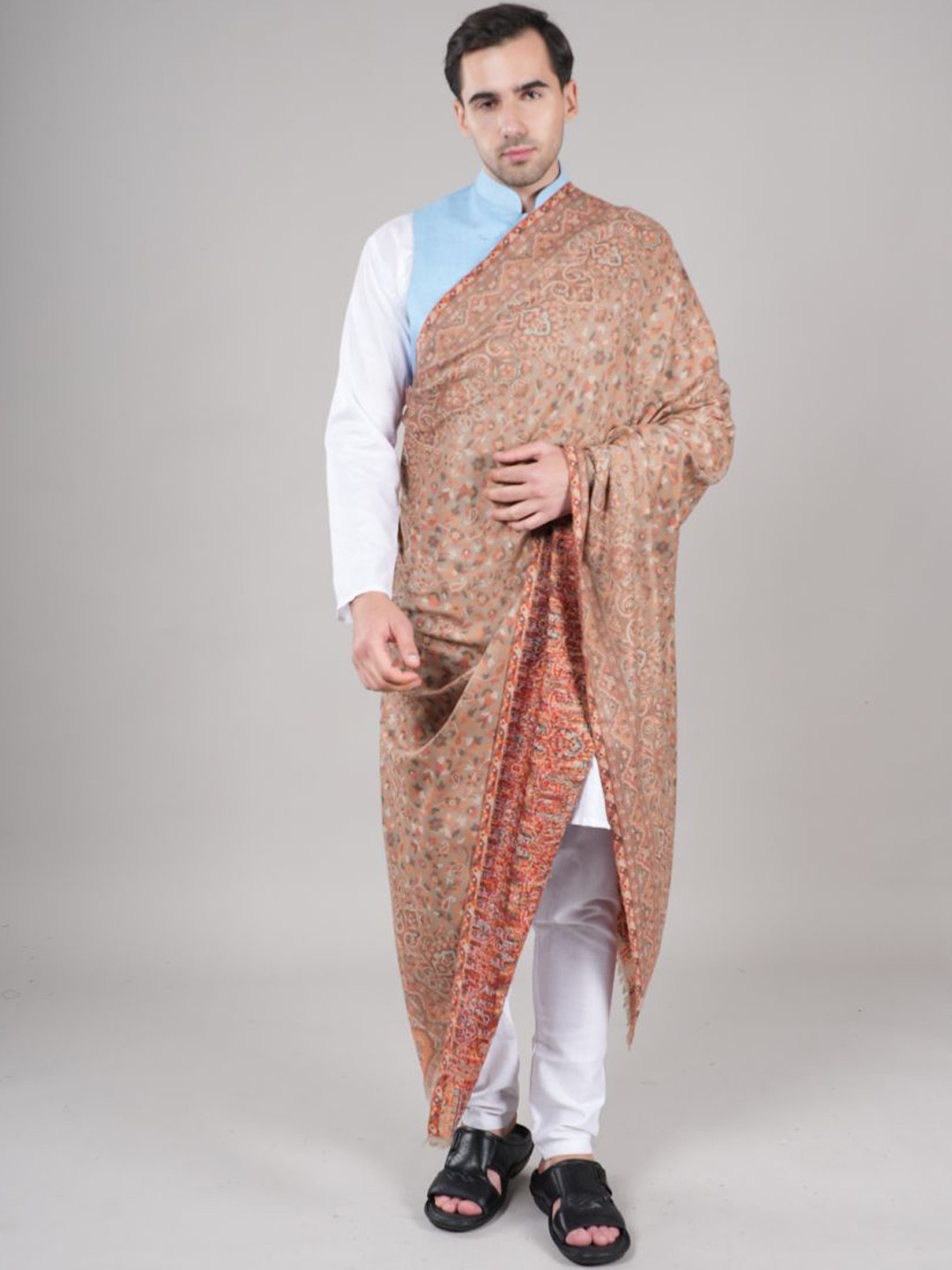 

MUFFLY Floral Printed Woollen Shawl, Beige