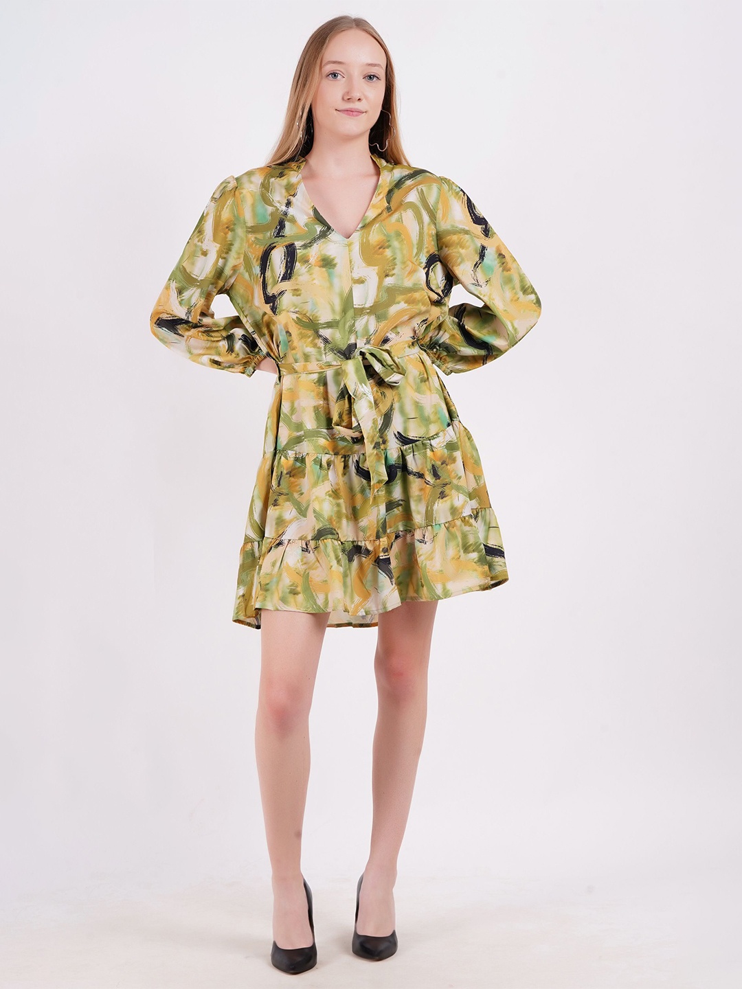 

MINGLAY Abstract Printed A-Line Dress, Green