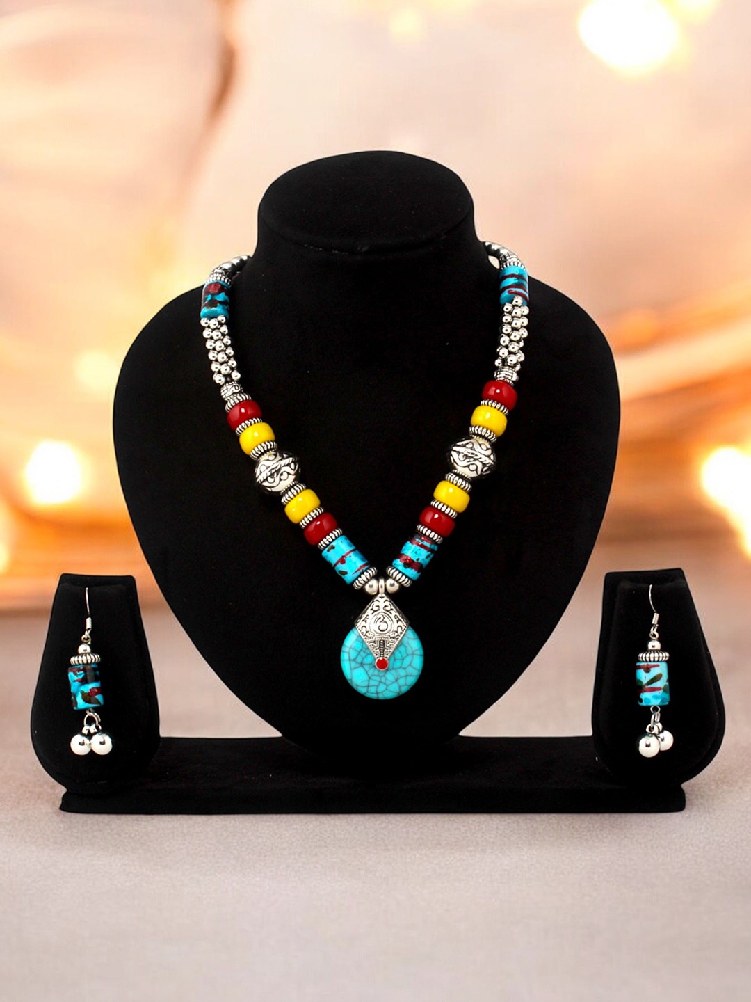 

LUCKY JEWELLERY Beaded Tribal Necklace and Earrings, Turquoise blue