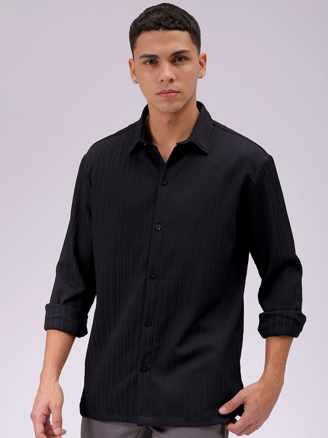 

The Indian Garage Co Men Relaxed Fit Solid Dobby Textured Resortwear Shirt, Black