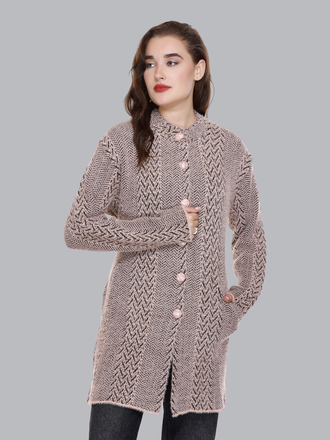 

SOSHAGUN OSWAL Women Printed Woollen Winter Cardigan, Beige