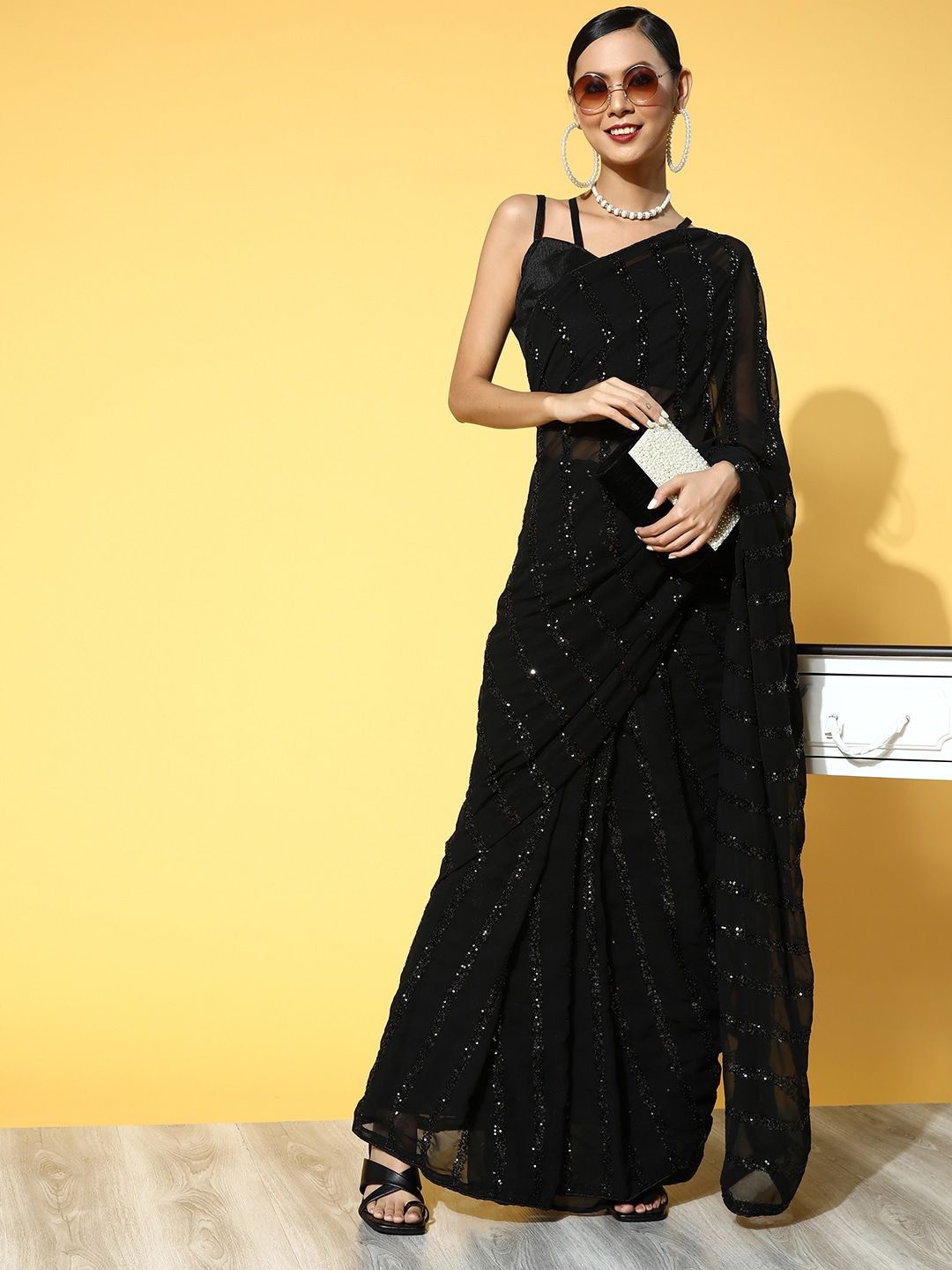 

KAVINDI Embellished Sequinned Pure Georgette Saree, Black