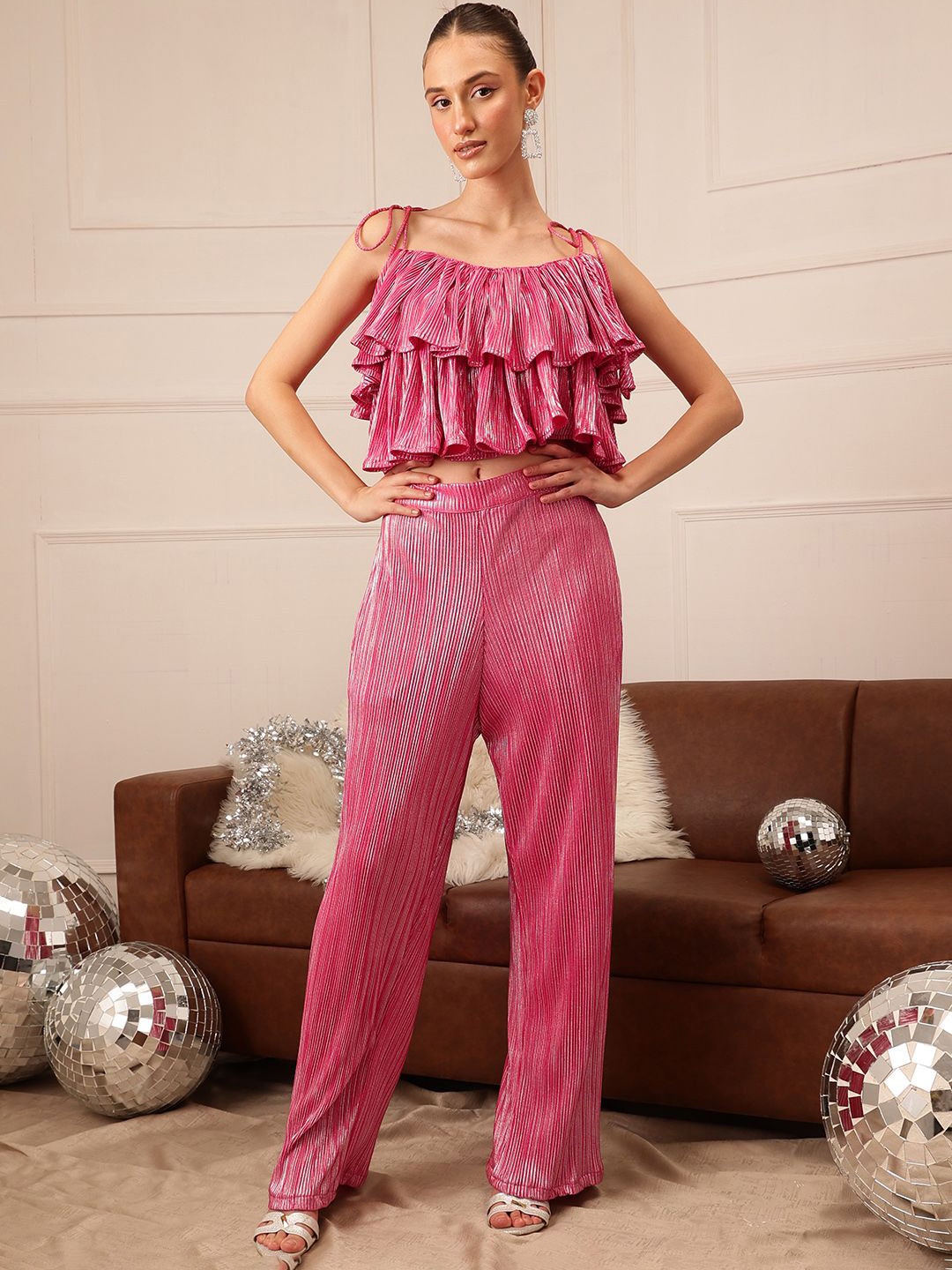 

Molly & Michel Self Design Embellished Top With Trouser, Pink