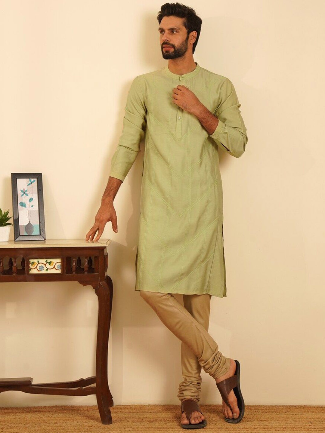 

JAYPORE Striped Thread Work Mandarin Collar Straight Kurta, Green