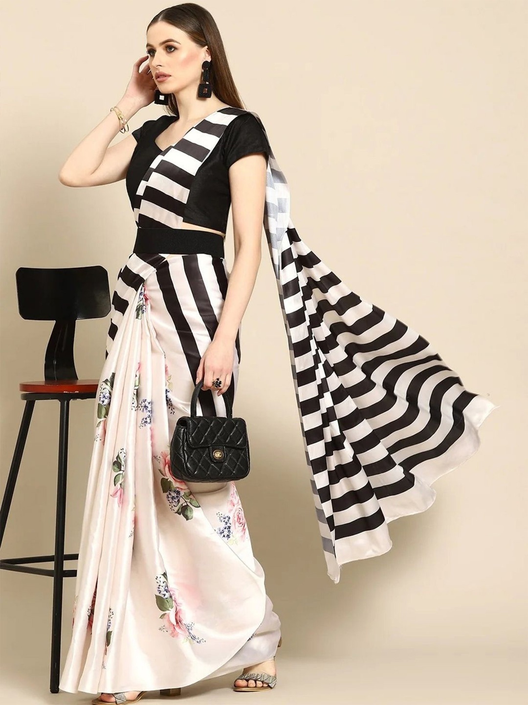

ODETTE Striped Satin Saree With Blouse Piece, White