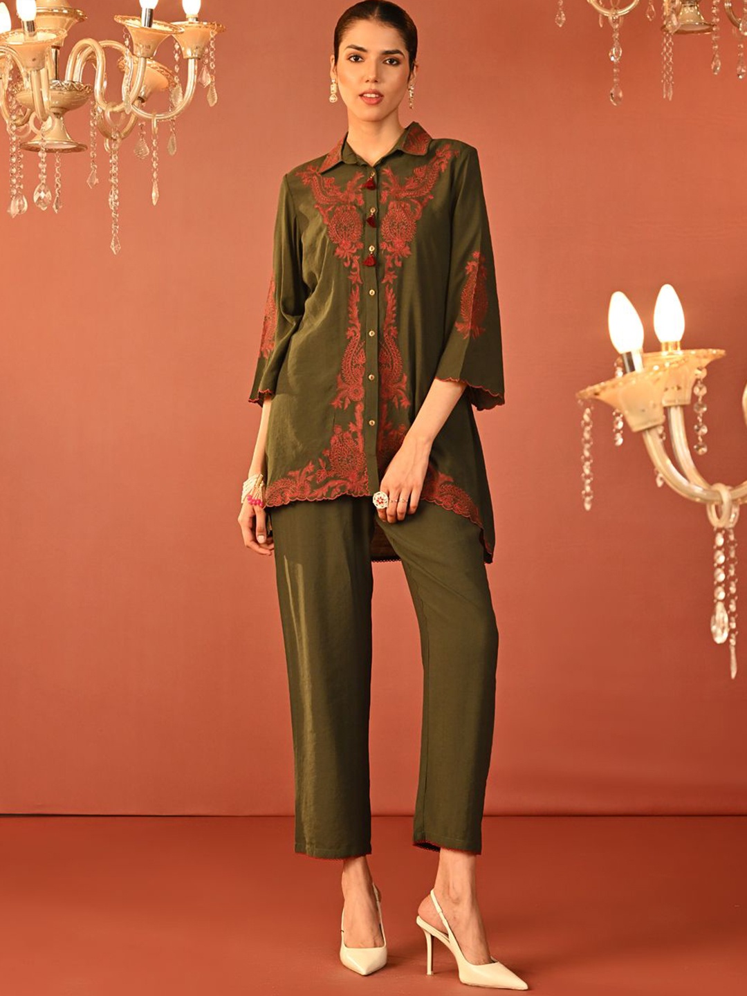 

Lakshita Ethnic Motifs Embroidered Shirt Collar Tunic & Trouser, Olive