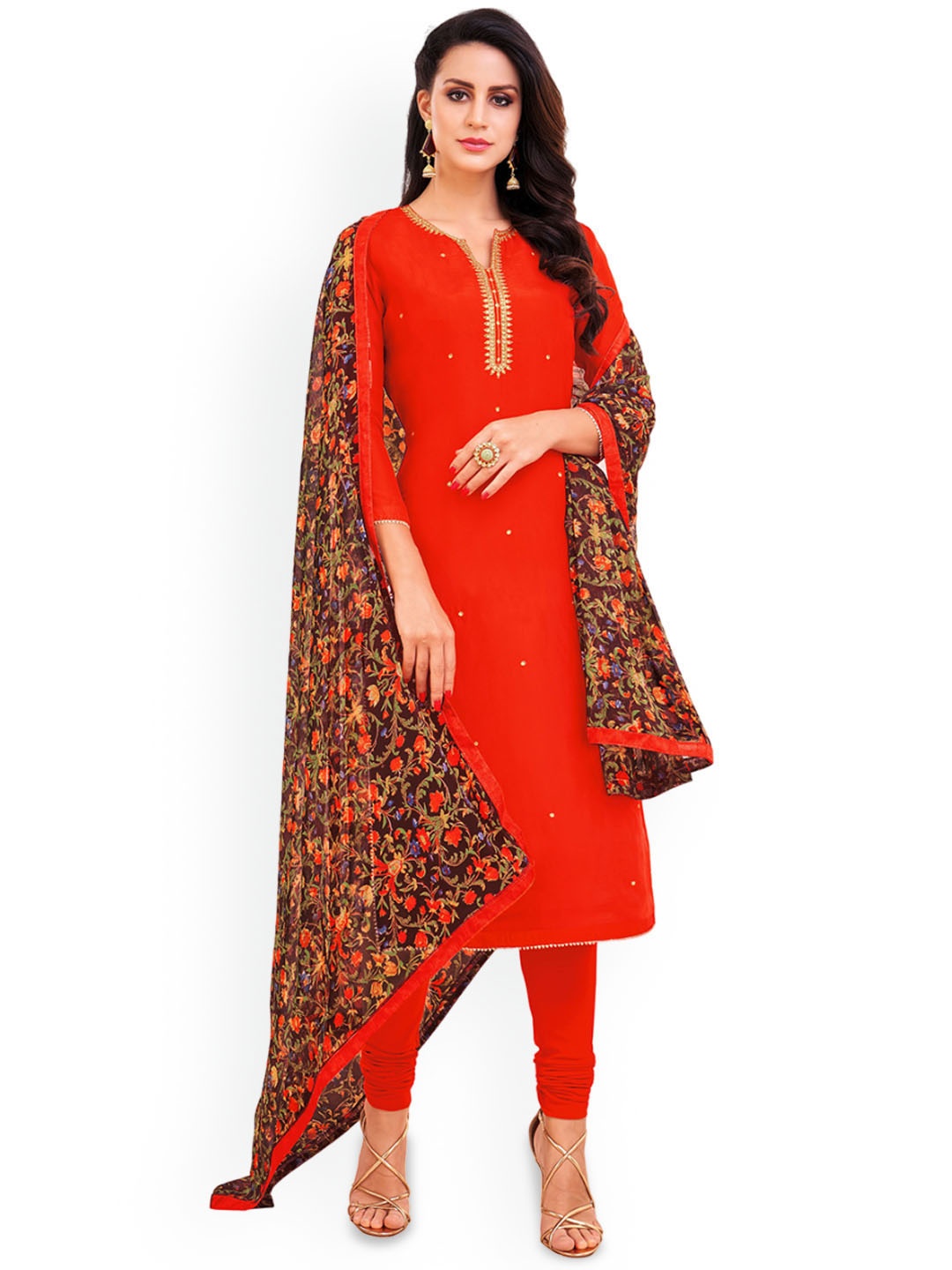 

Maroosh Floral Embellished Sequinned Unstitched Dress Material, Red