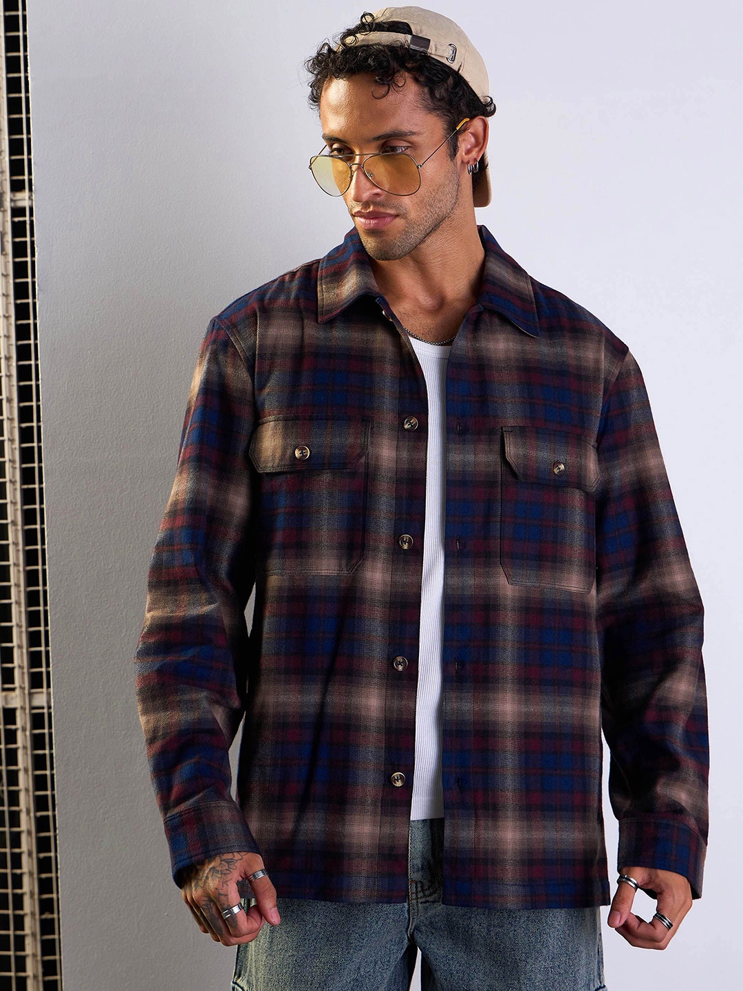 

MASCLN SASSAFRAS Men Spread Collar Checked Cotton Oversized Casual Shacket, Navy blue
