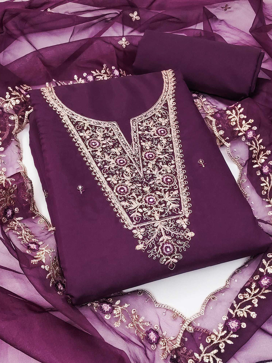 

Peachmode Floral Embroidered Sequinned Viscose Rayon Unstitched Dress Material, Purple