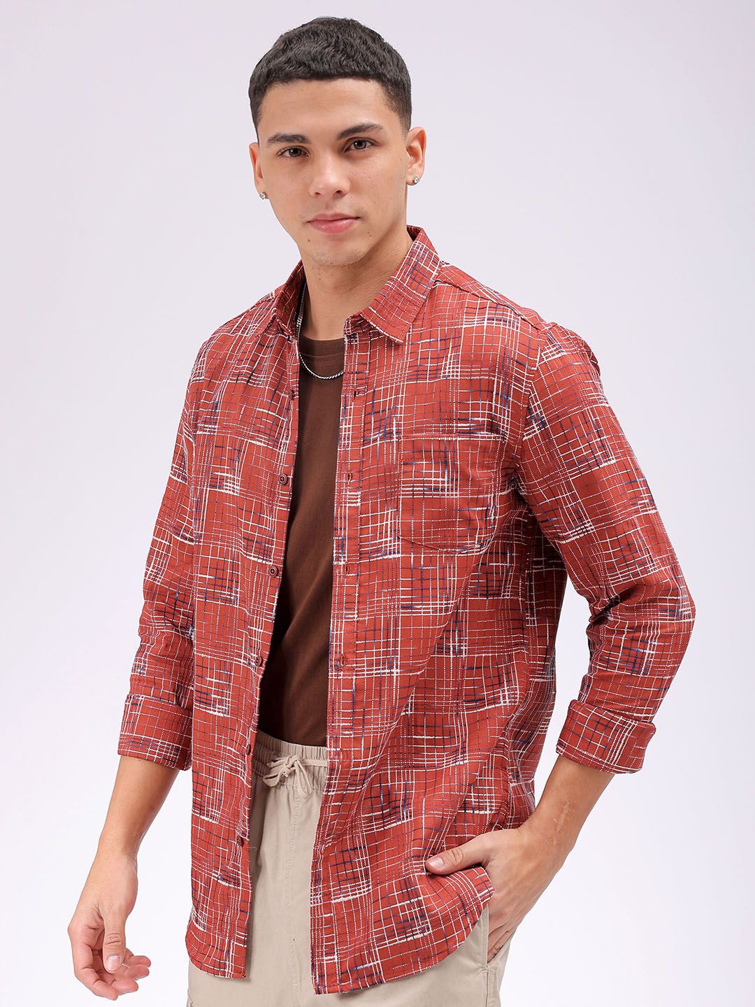 

The Indian Garage Co Men Cutaway Collar Checked Cotton Slim Fit Casual Shirt, Rust