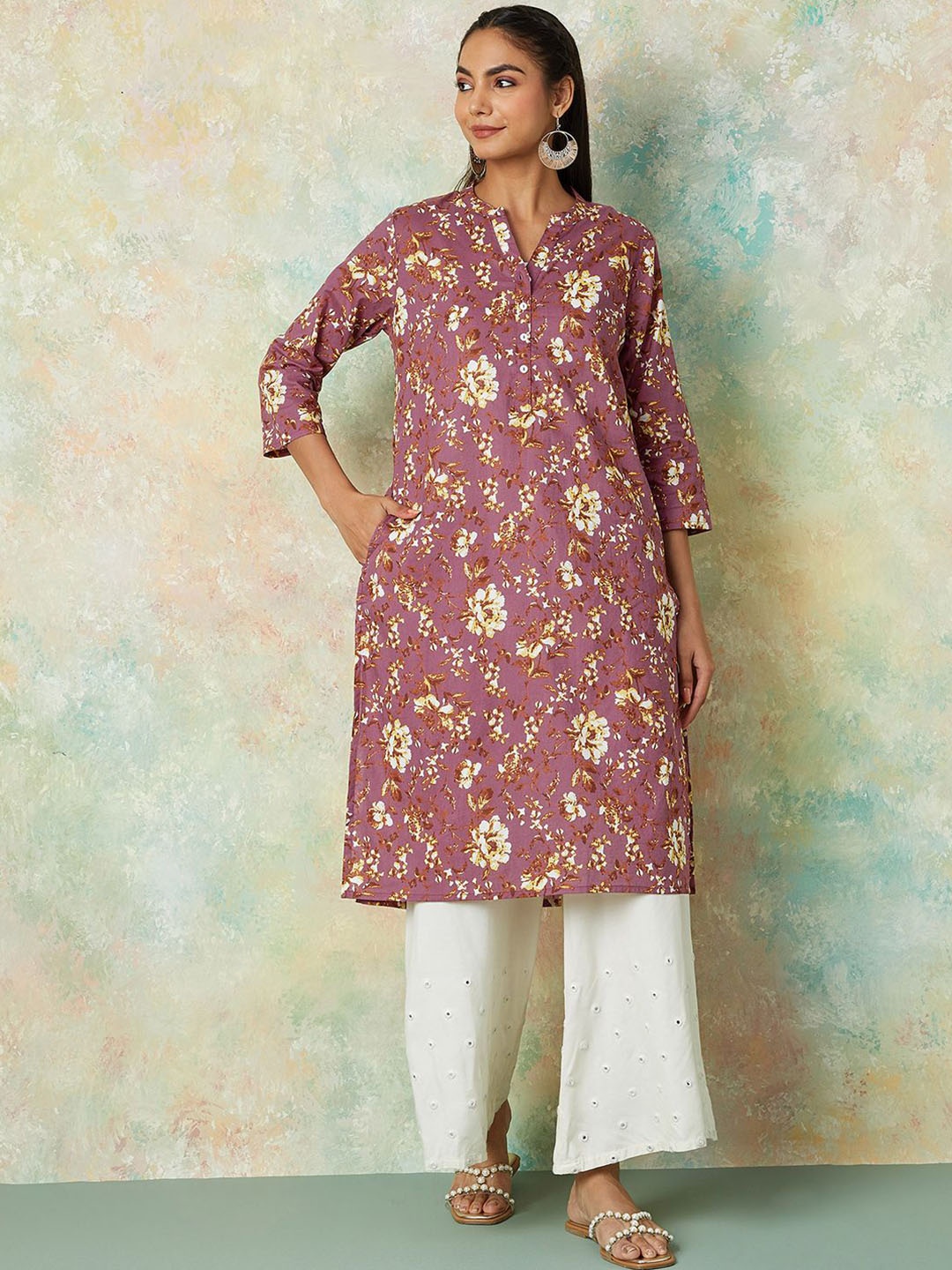 

Melange by Lifestyle Floral Printed Three Quarter Sleeves Straight Kurta, Pink