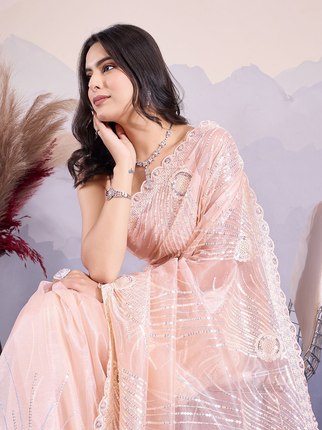 

HERE&NOW Embellished Sequinned Net Saree, Peach