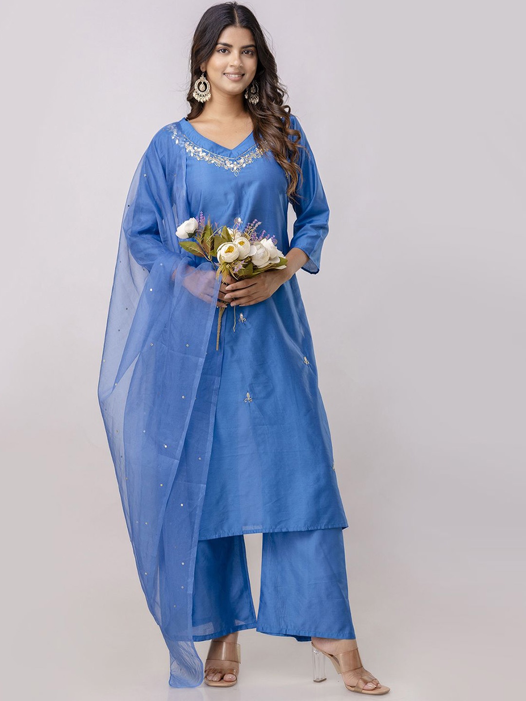 

KALINI Floral Embroidered V-Neck Pure Silk Straight Kurta with Trousers & With Dupatta, Blue