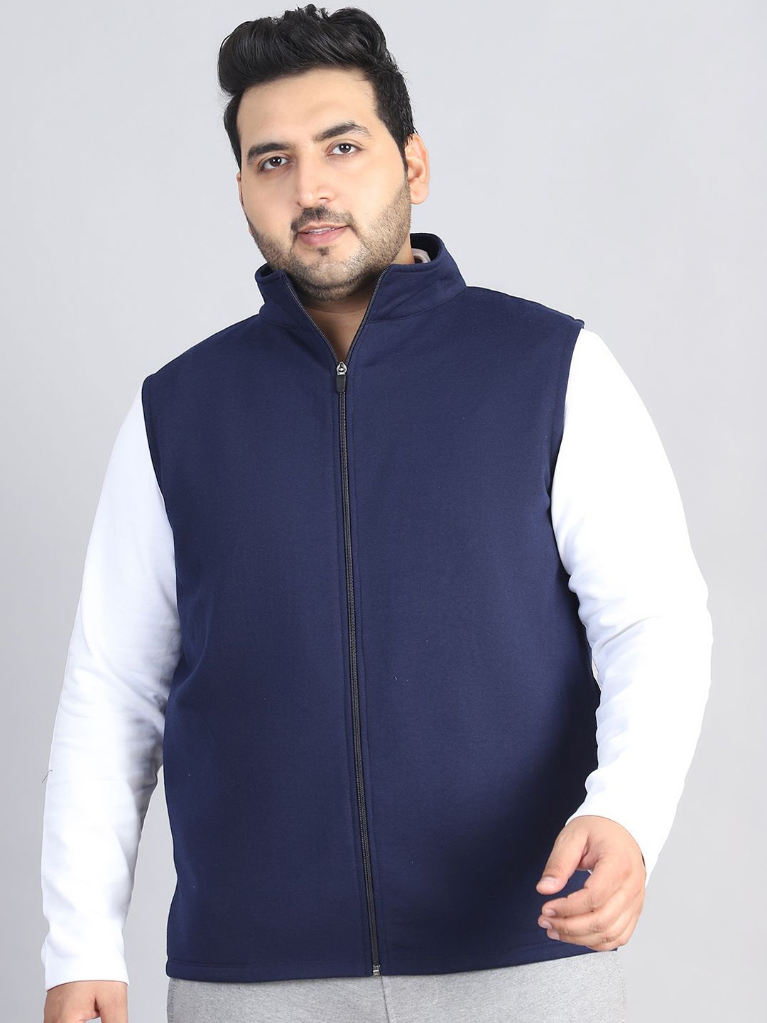 

Rute Men Mock Collar Plus Size Solid Cotton Casual Open Front Jacket, Navy blue