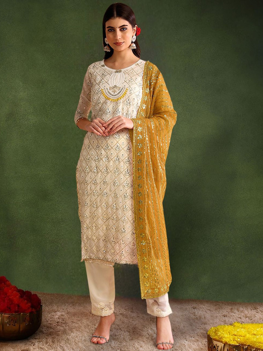 

BHARODIYA ENTERPRISES Embroidered Regular Georgette Straight Kurta with Trousers & Dupatta, White