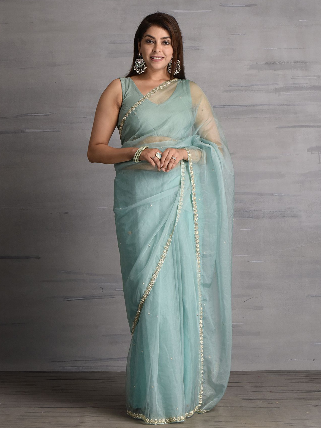 

sutra attire Beads and Stones Tissue Saree with Blouse Piece, Blue