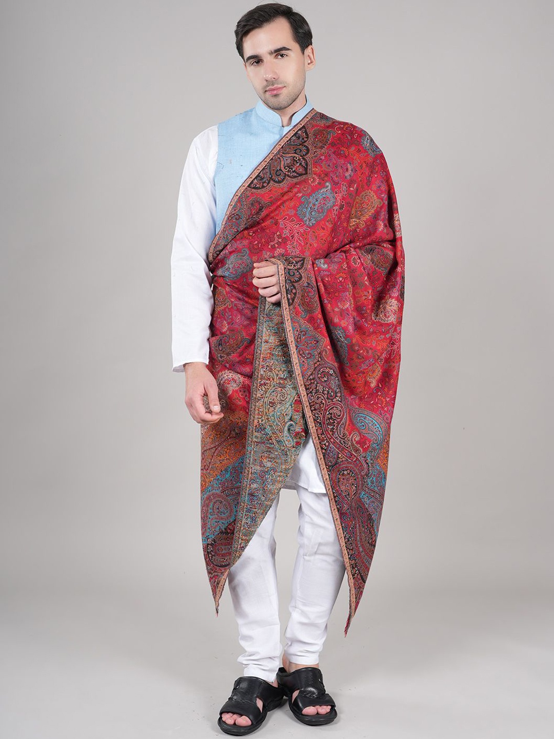 

MUFFLY Ethnic Motifs Printed Woollen Shawl, Maroon