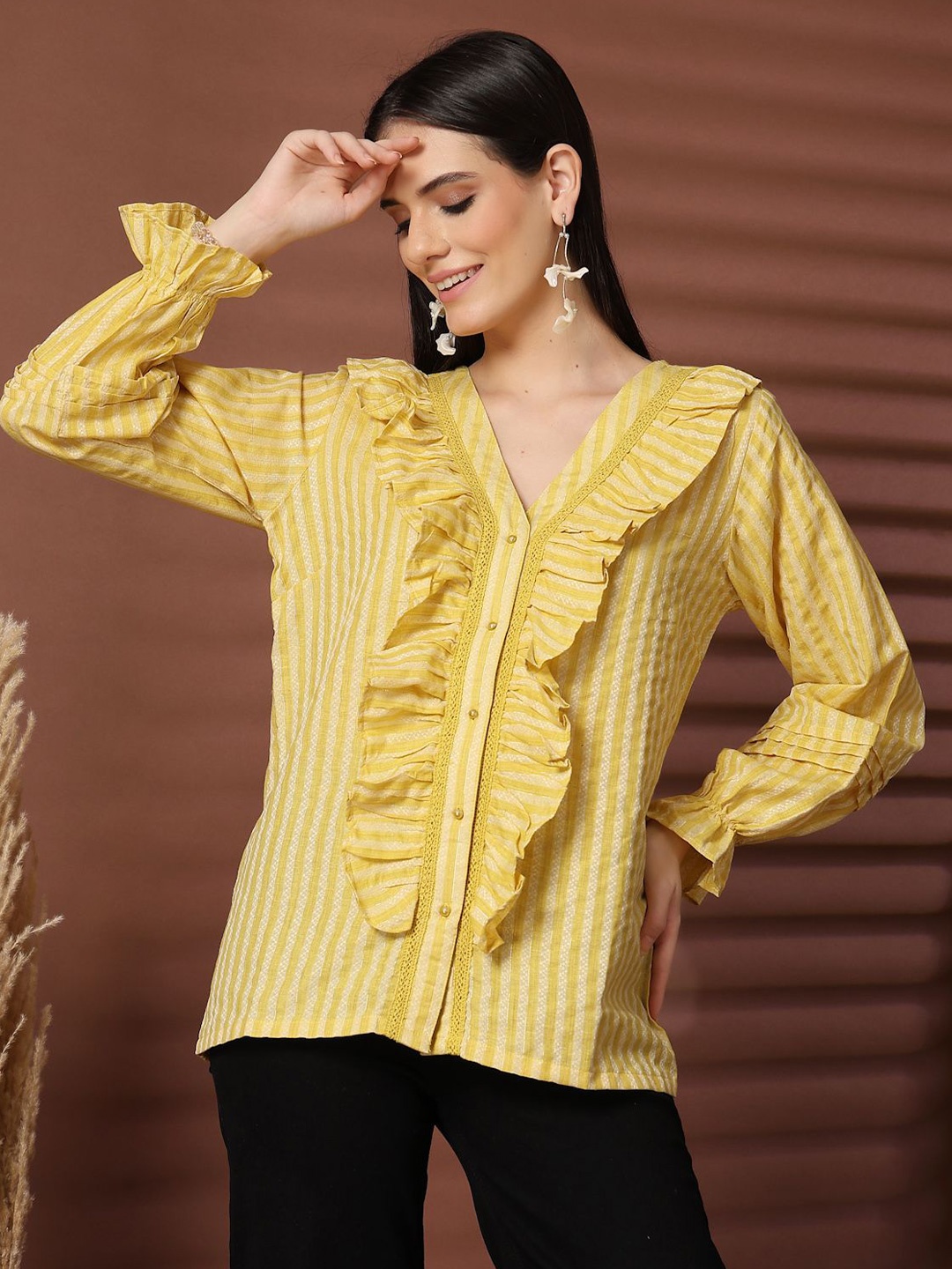 

plusS Women Standard Collarless Vertical Striped Cotton Casual Shirt, Yellow