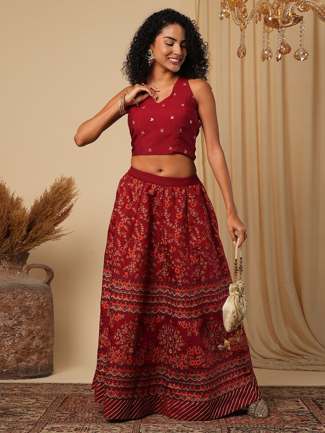 

Globus Maroon Floral Embroidered Halter Neck Top With Skirt