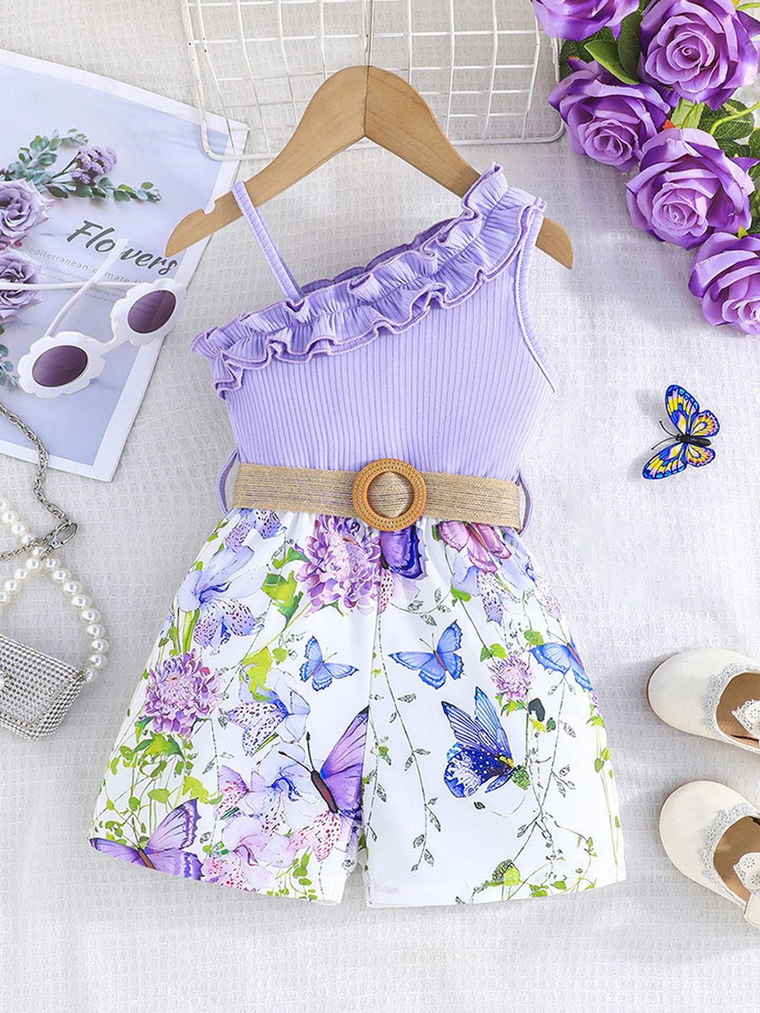

INCLUD Girls Floral Printed One Shoulder Jumpsuit, Purple
