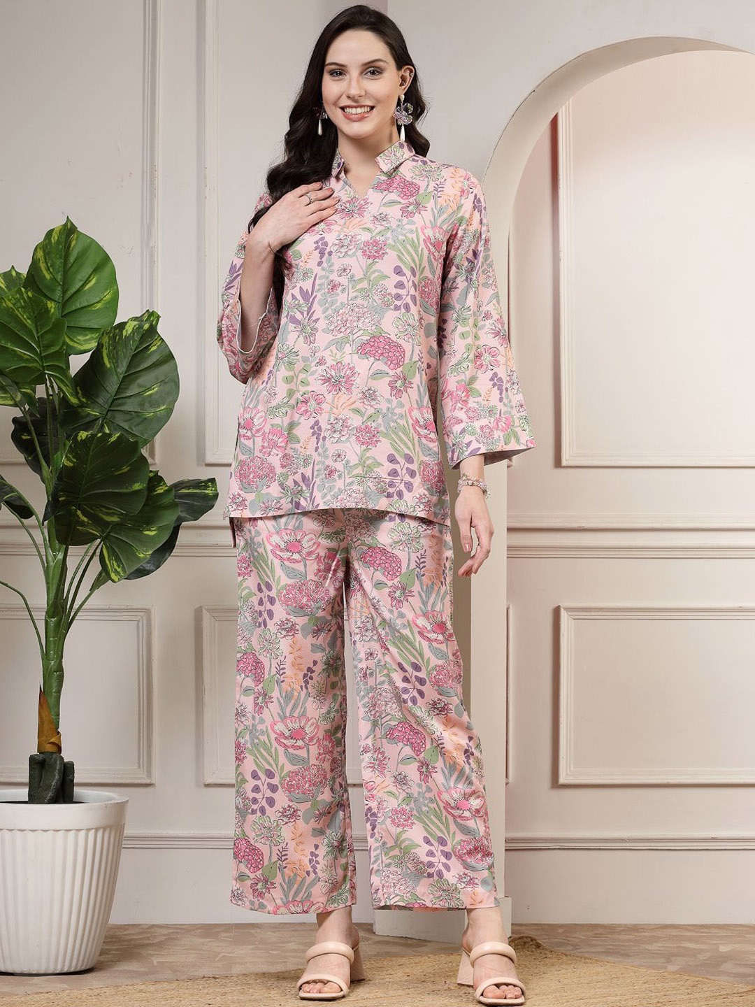 

HERE&NOW Floral Printed Top With Trousers Co-Ords, Pink