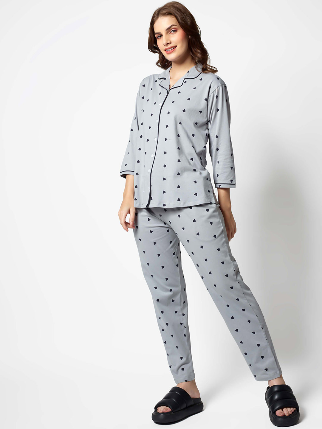 

Zeyo Women Conversational Printed Lapel Collar Night suit, Grey