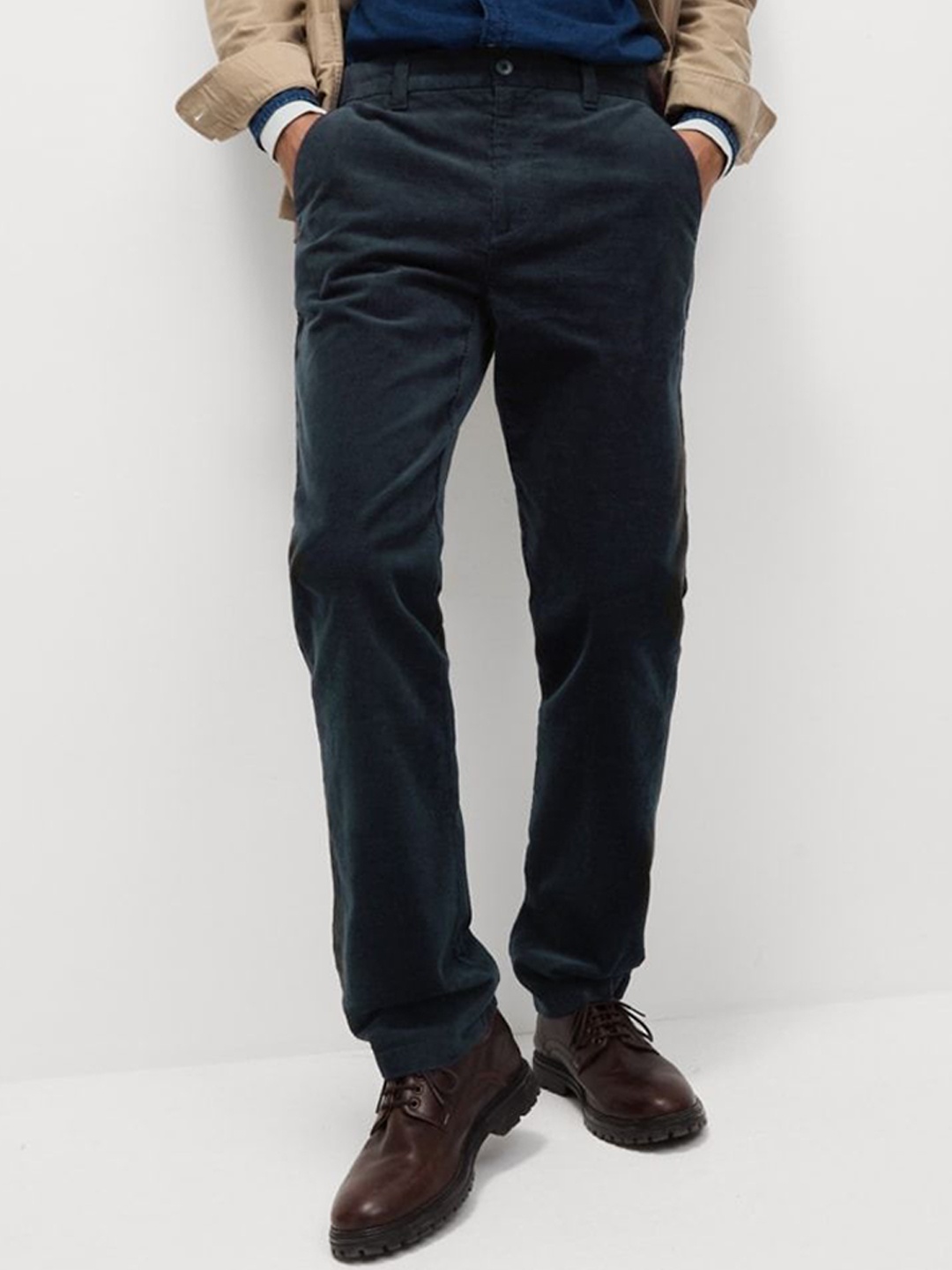 

Marks & Spencer Men High-Rise Chinos Solid Cotton Trousers, Navy blue