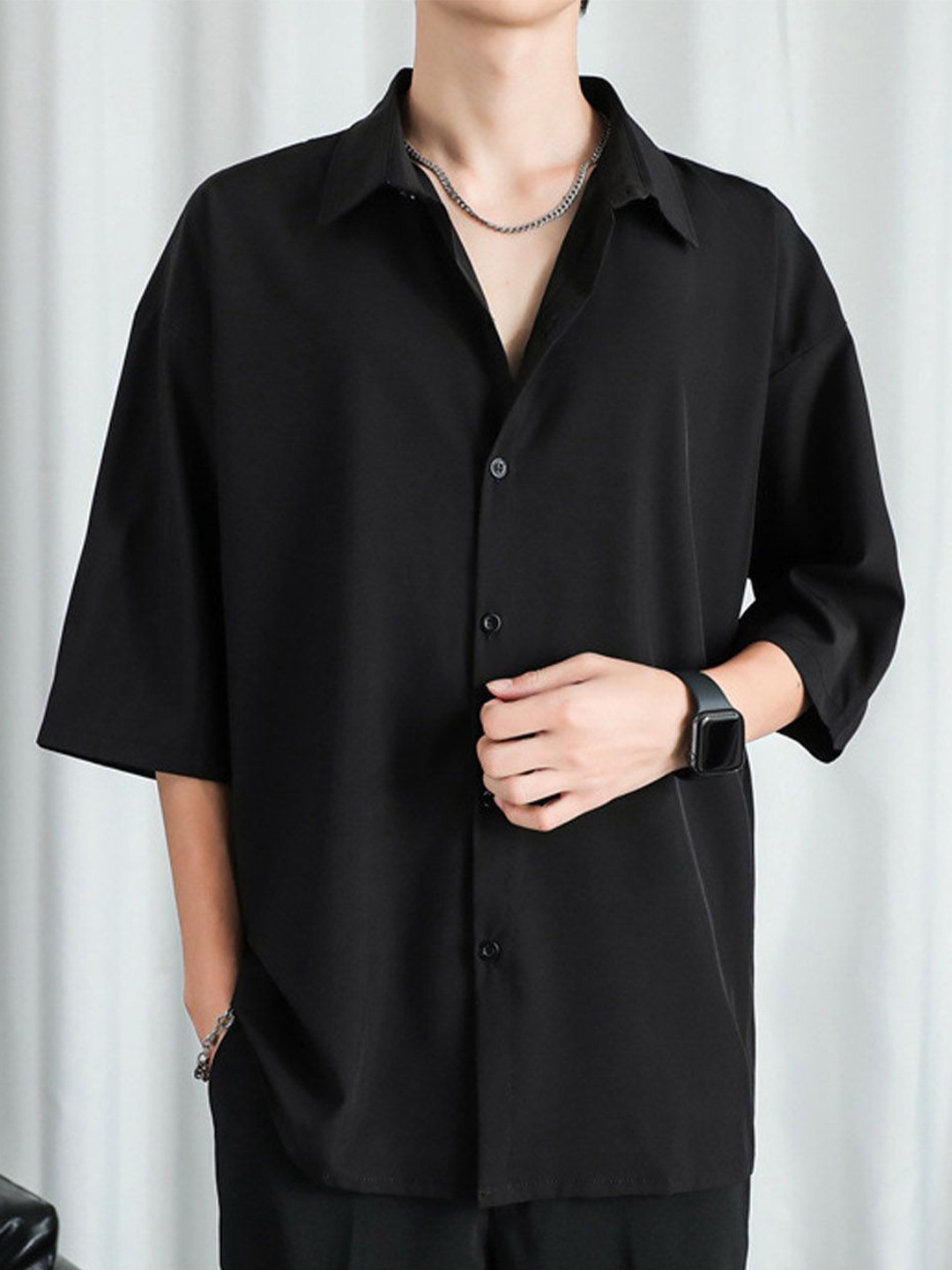 

StyleCast Men Spread Collar Solid Cotton Casual Shirt, Black