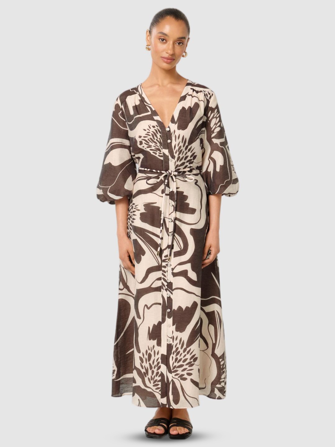 

Forever New Women Printed Puff Sleeve A-Line Midi Dress, Brown