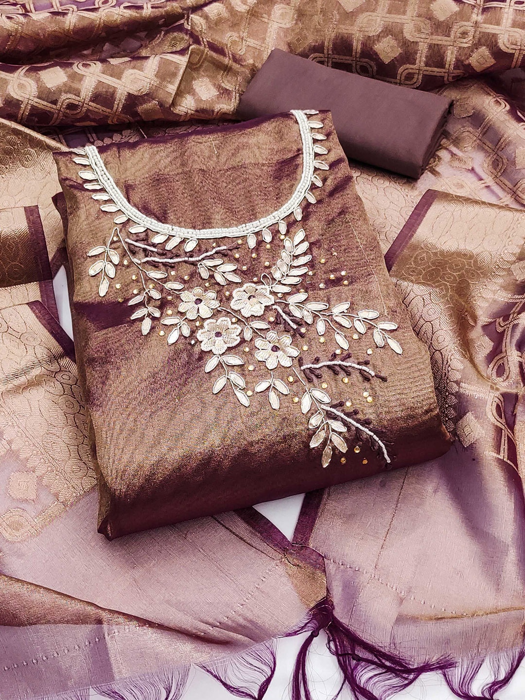 

KALINI Floral Embellished Beads and Stones Unstitched Dress Material, Brown