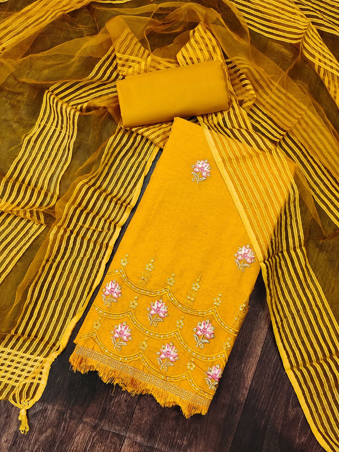 

Maroosh Embroidered Thread Work Unstitched Dress Material, Yellow