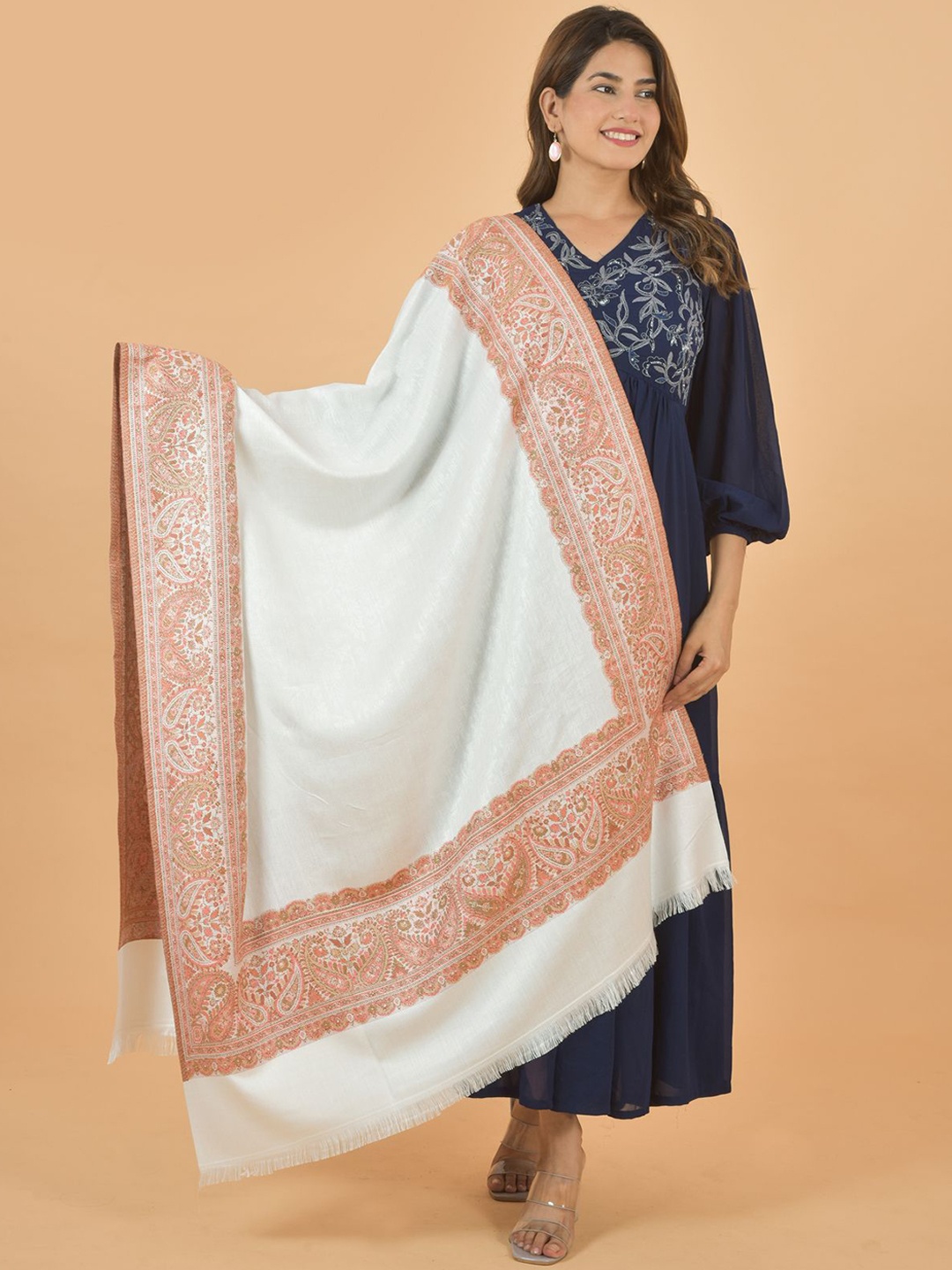 

BAISA Paisley Woven Design Pashmina Shawl, White