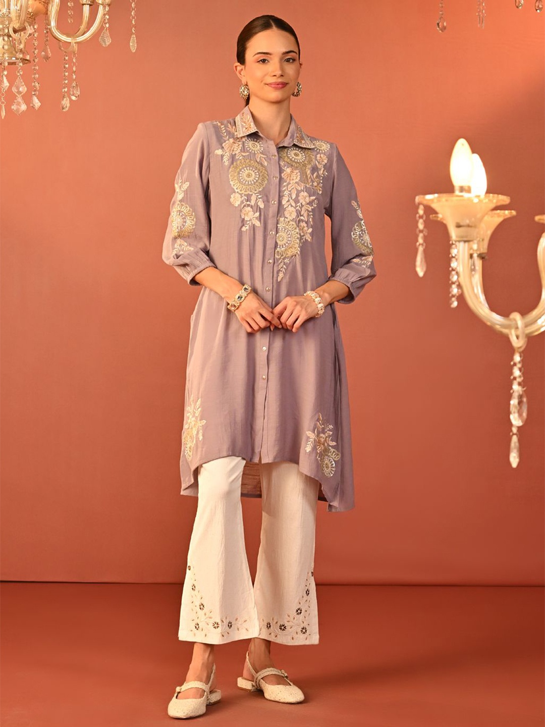 

Lakshita Women Linen Shirt Collar Embroidered Tunic, Lavender