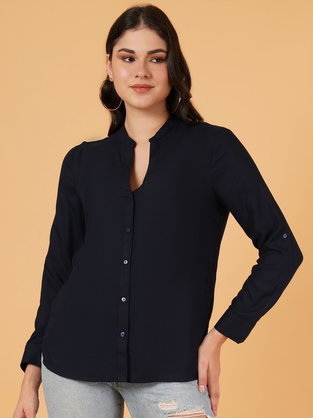 

IX IMPRESSION Women Mandarin Collar Cotton Shirt Style Top, Black