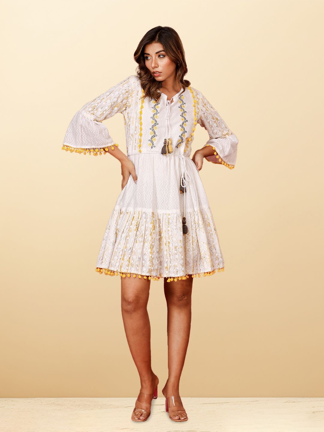 

CUSTARD Embroidered Tie-Up Neck Bell Sleeve Fit & Flare Dress, White
