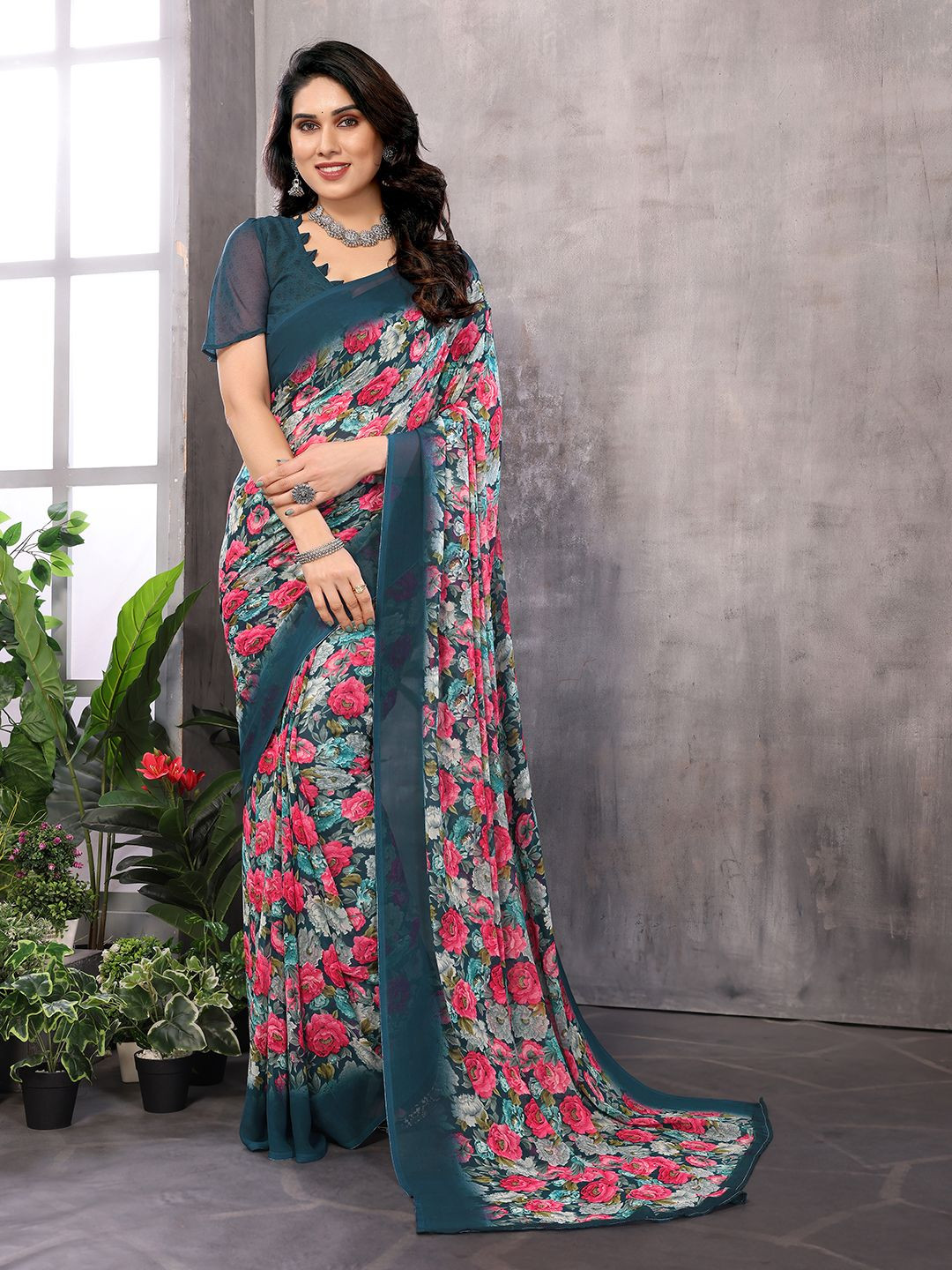 

ANAND SAREES Floral Printed Saree With Blouse Piece, Green