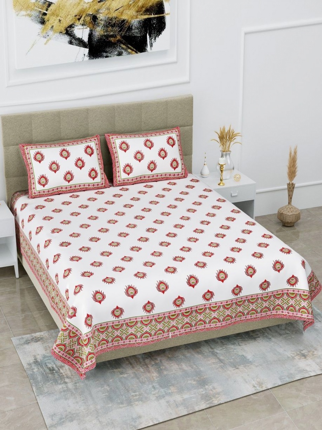 

HOMELINE Red & White Ethnic Motifs Pure Cotton 180 TC King Bedsheet Set 2.54 x 2.74Mts