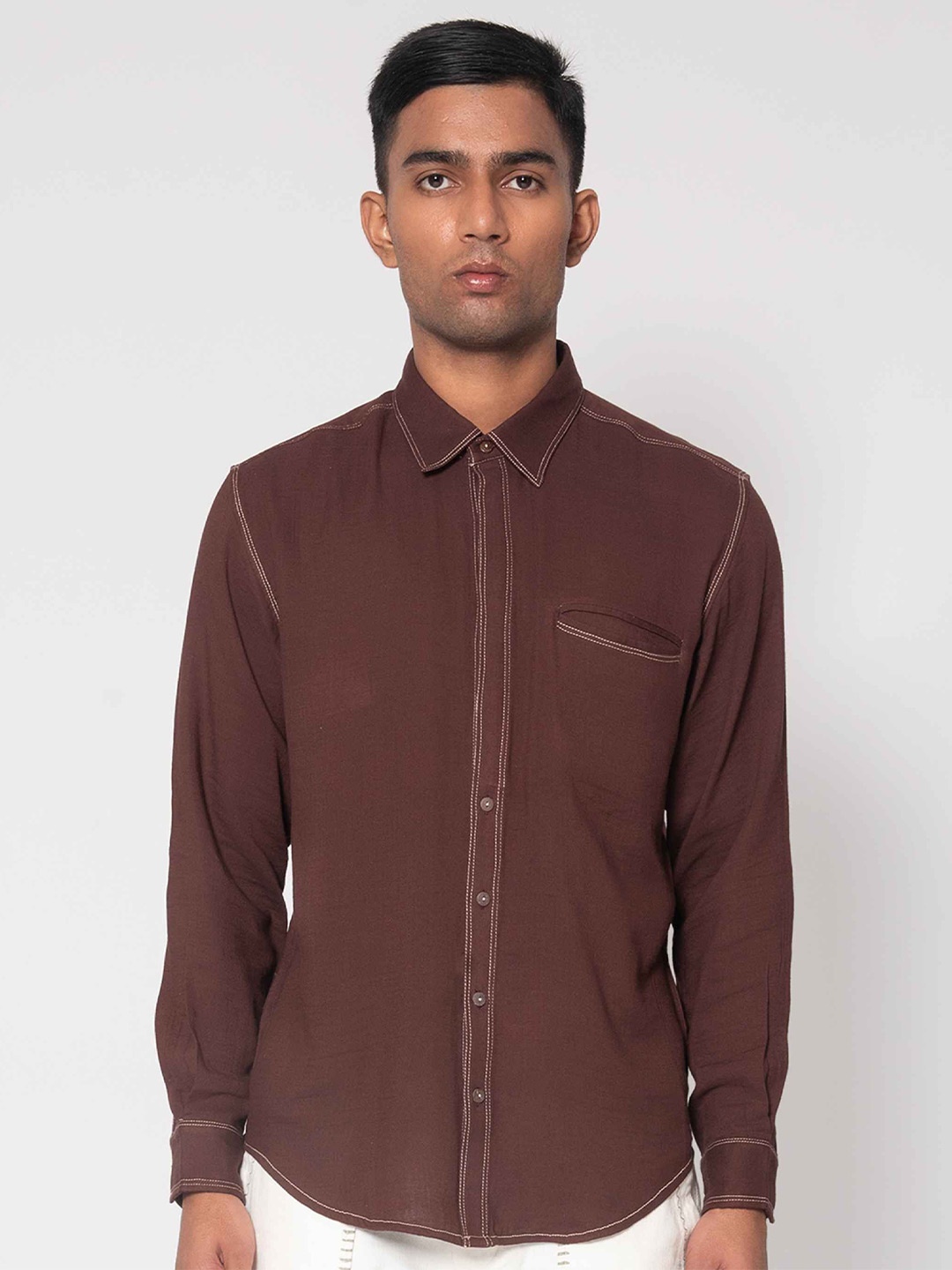 

AMBI Men Standard Spread Collar Solid Cotton Casual Shirt, Brown