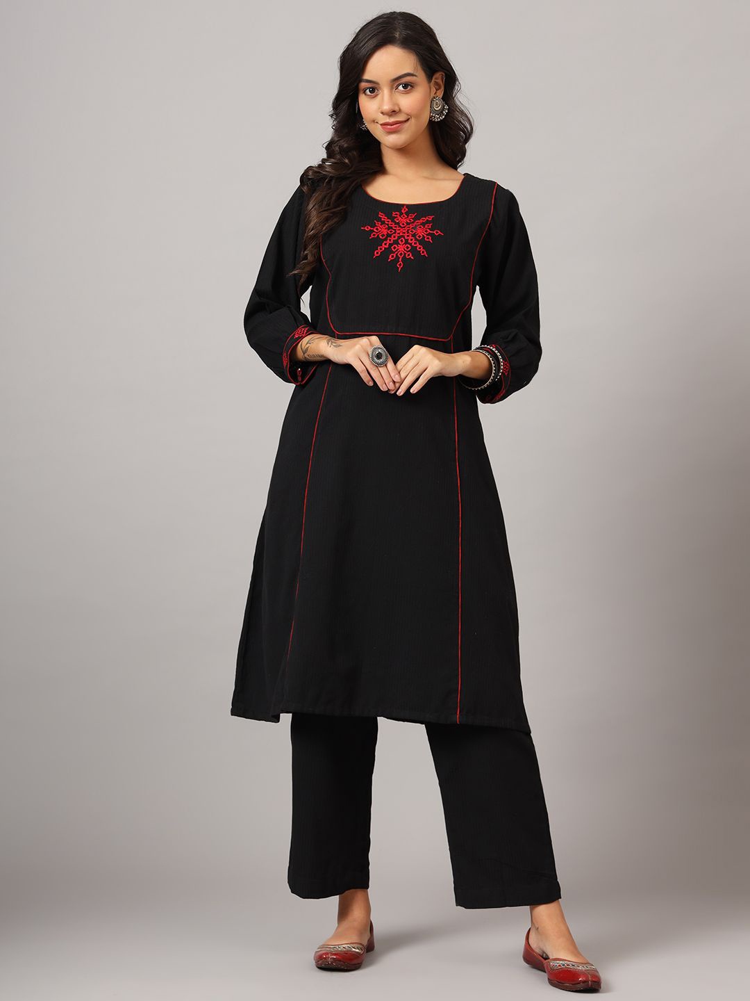 

DART STUDIO Embroidered Cotton A-Line Dress, Black