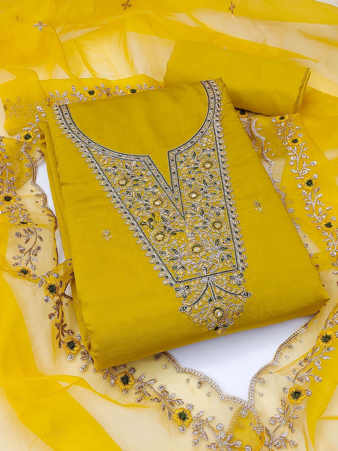 

Peachmode Floral Embroidered Sequinned Unstitched Dress Material, Yellow