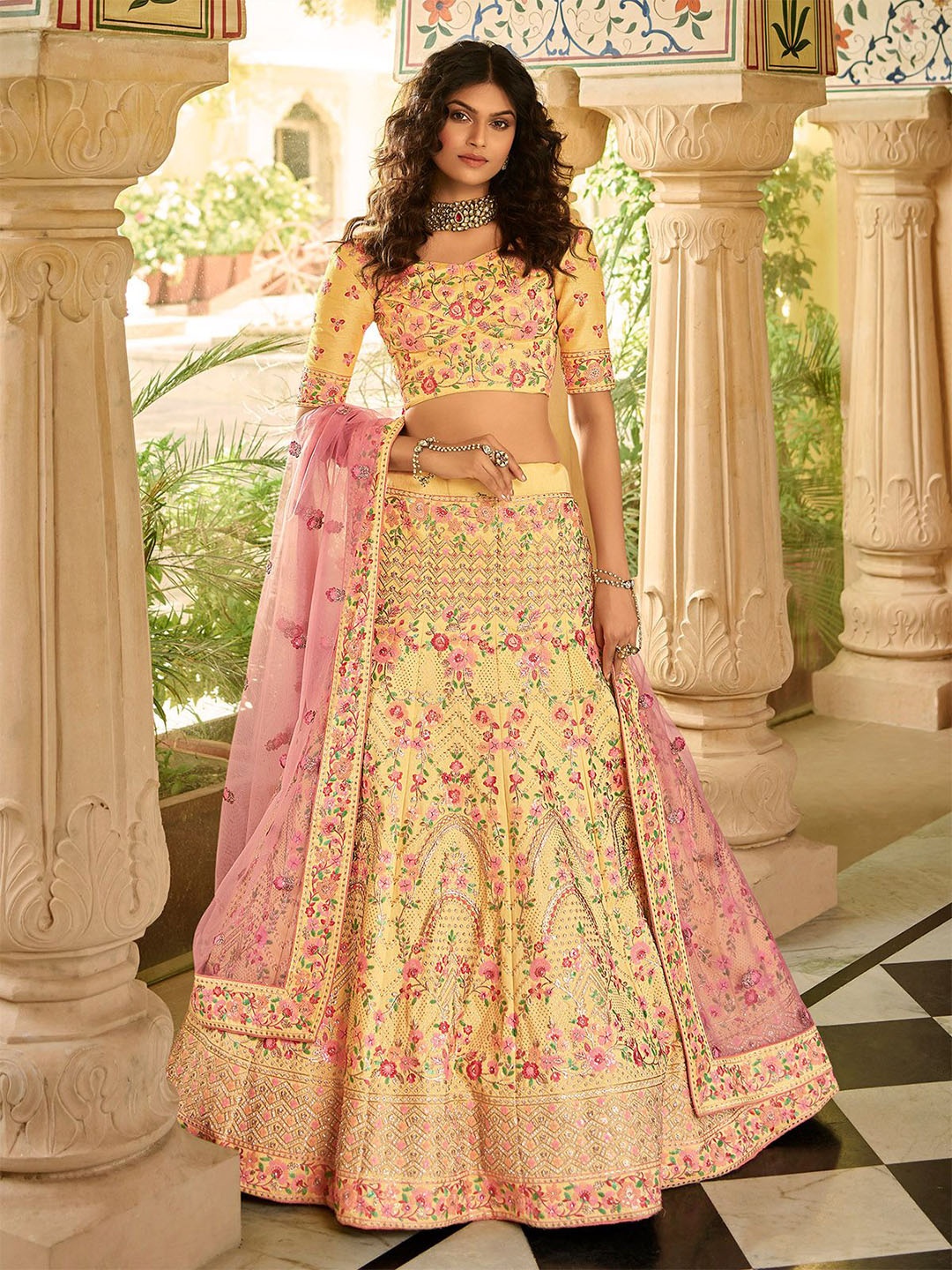 

ODETTE Embroidered Semi-Stitched Lehenga & Blouse With Dupatta, Yellow