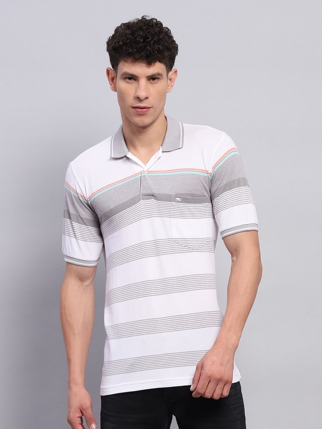 

Monte Carlo Men Striped Polo Collar Cotton T-shirt, Grey